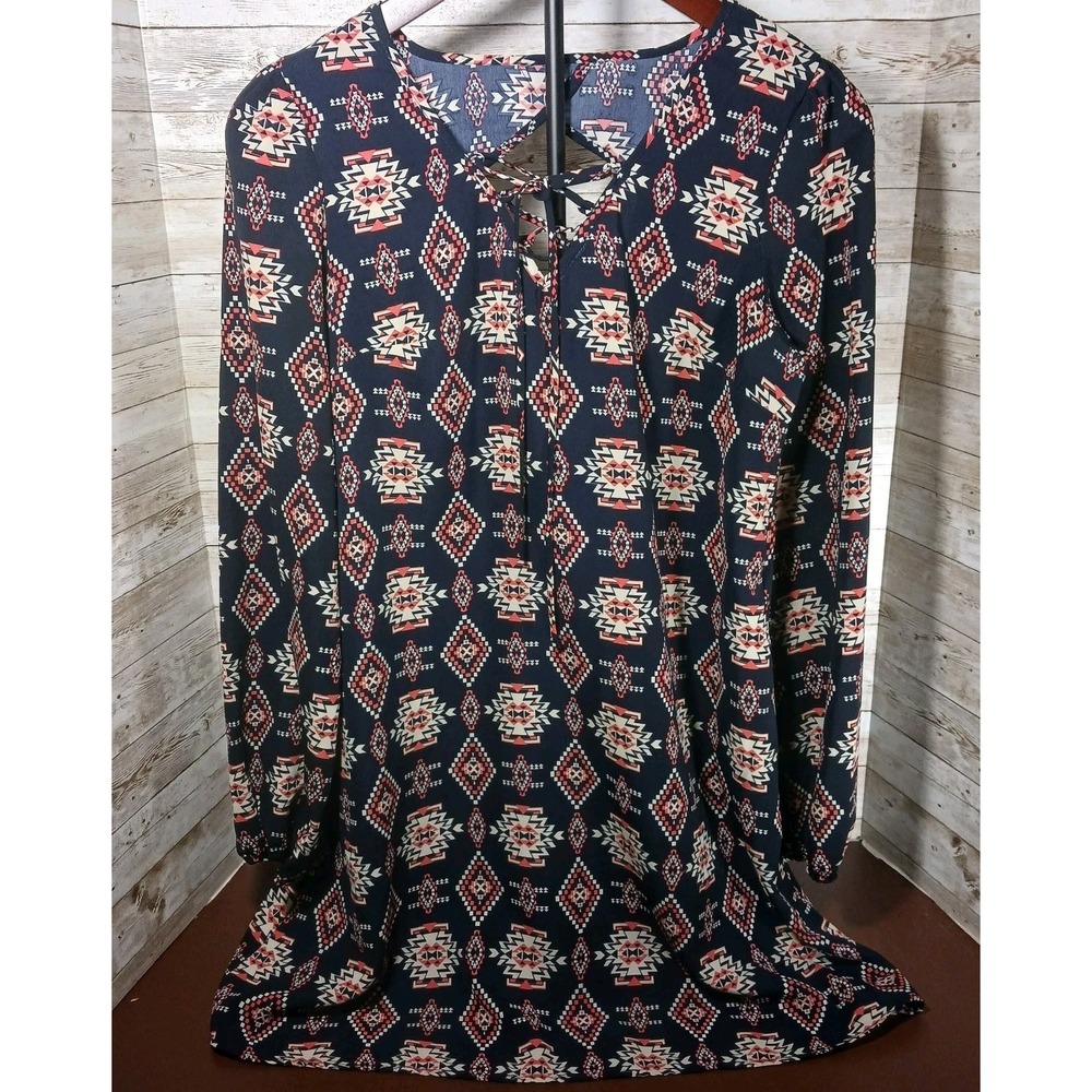 Xhilaration Women's Navy Blue Southwest Print Dress Long Sleeve Size M - Picture 2 of 8